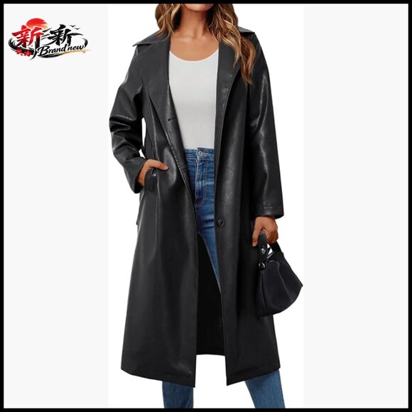 Faux Leather Long Trench Coat with Belt Open Front Knee Length